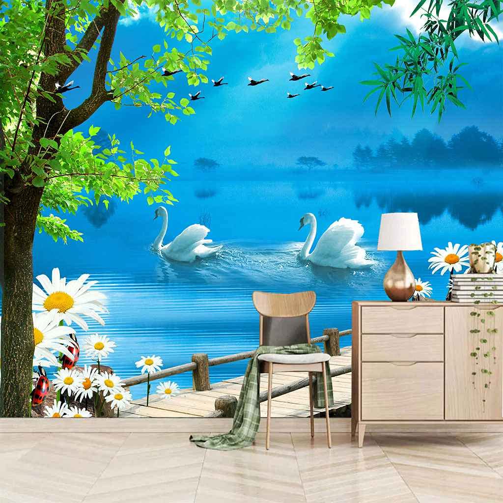 Papier peint panoramique lac bleu et cygne 3D pour chambre d'enfants et salon