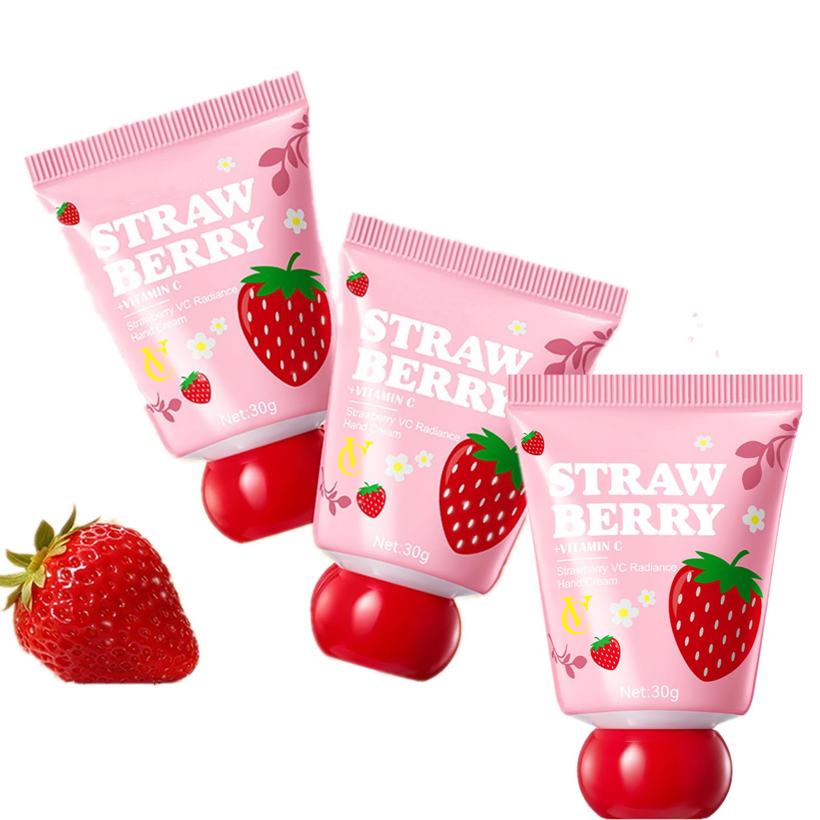 Strawberry Hand Cream 3 Pack, Travel Size Hand Lotion for Dry Cracked Hands, Moisturizing Hand Cream Gift Set with Sodium Hyaluronate & Strawberry Extract, Deep Hydration, Non-Greasy, 30g × 3