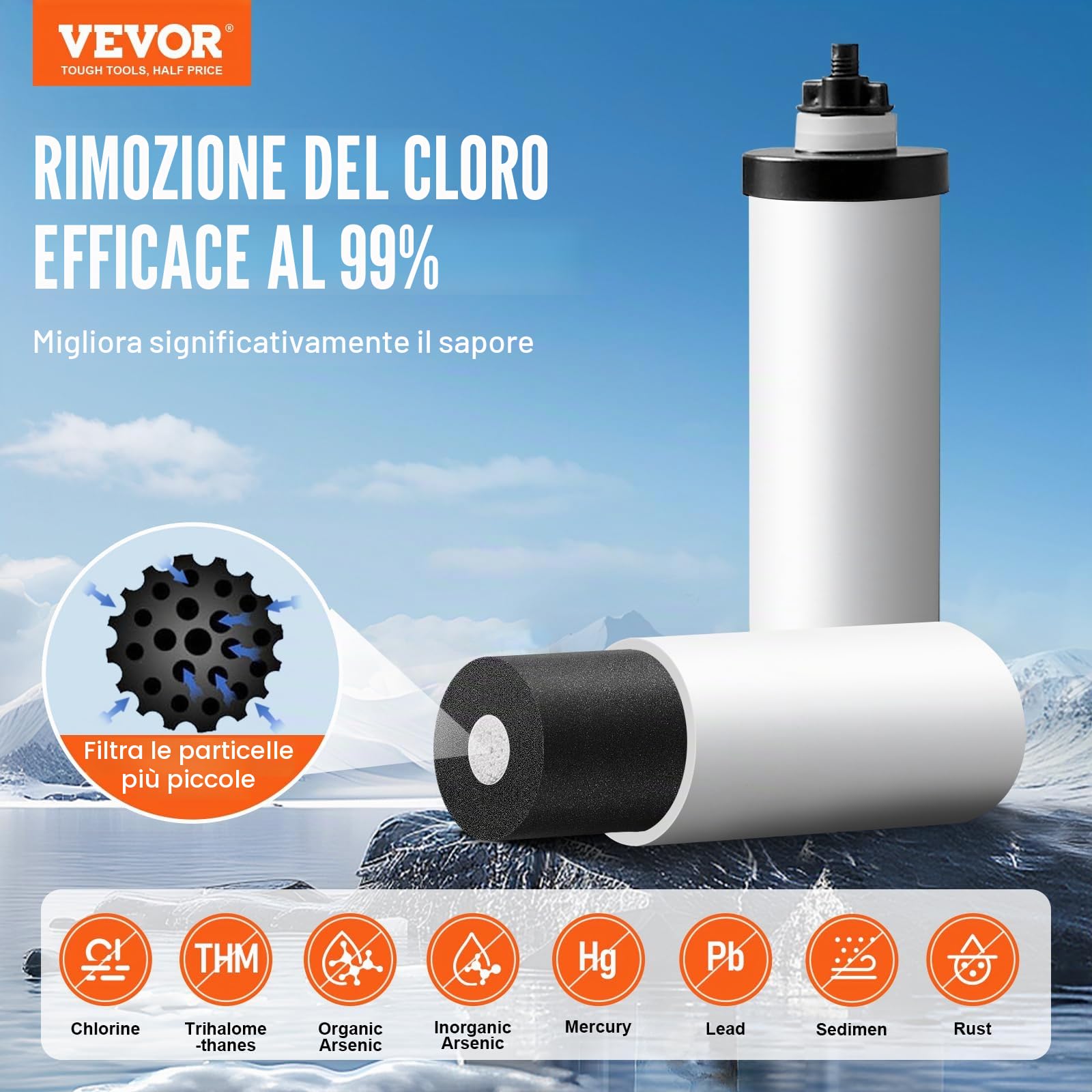 VEVOR Sistema di Filtraggio Acqua a Gravità Sistema da Banco in Acciaio Inox Sistema Filtraggio Acqua 7,8+8,5 L, Riduce Piombo e Cloro, con 2 Filtri al Carbone Ceramico e Rubinetto Camper Campeggio