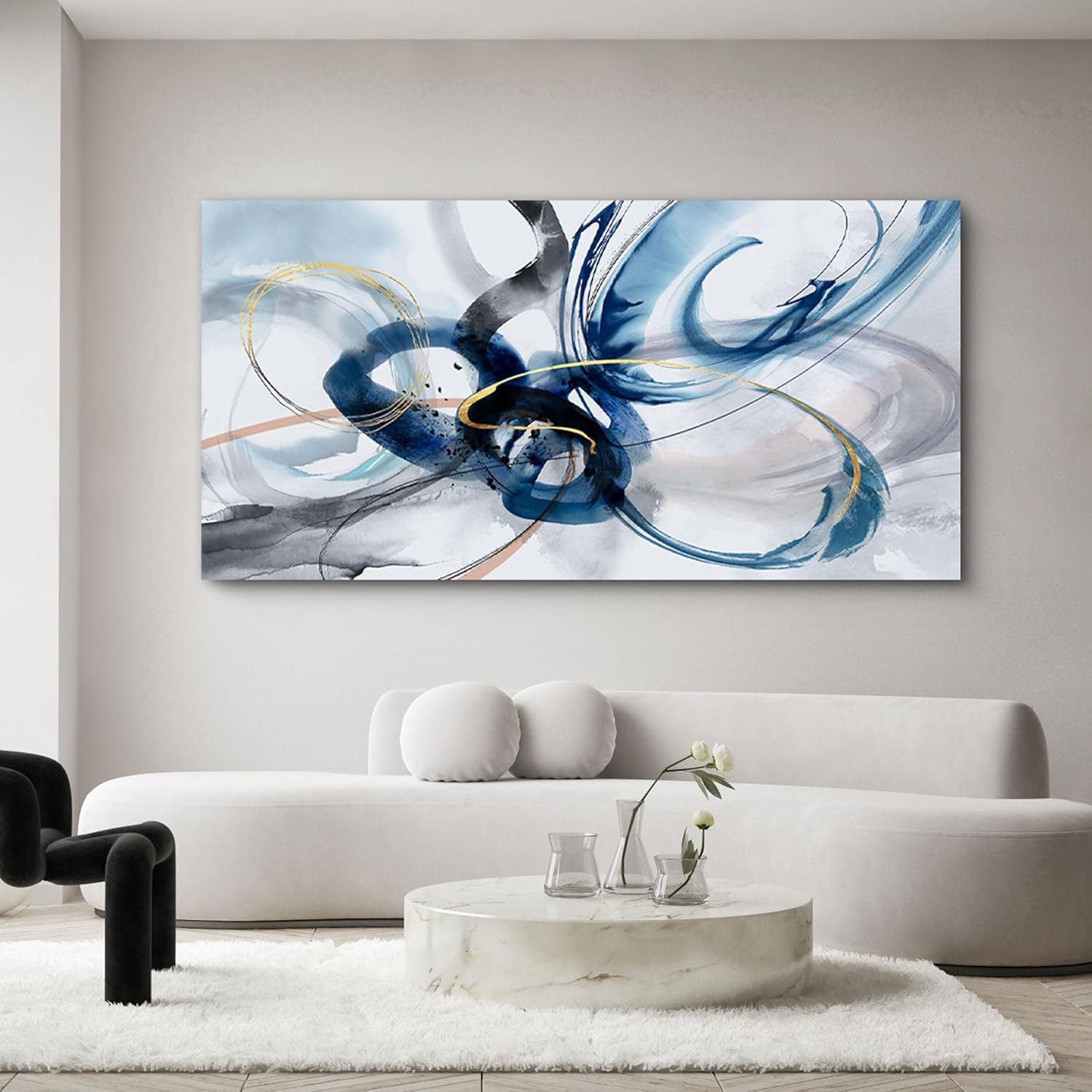 yiijeah Large Abstract Canvas Art Elegant Combination of Tones Modern Living Room Wall Decor Black and White Gray Background Blue Gradient Picture