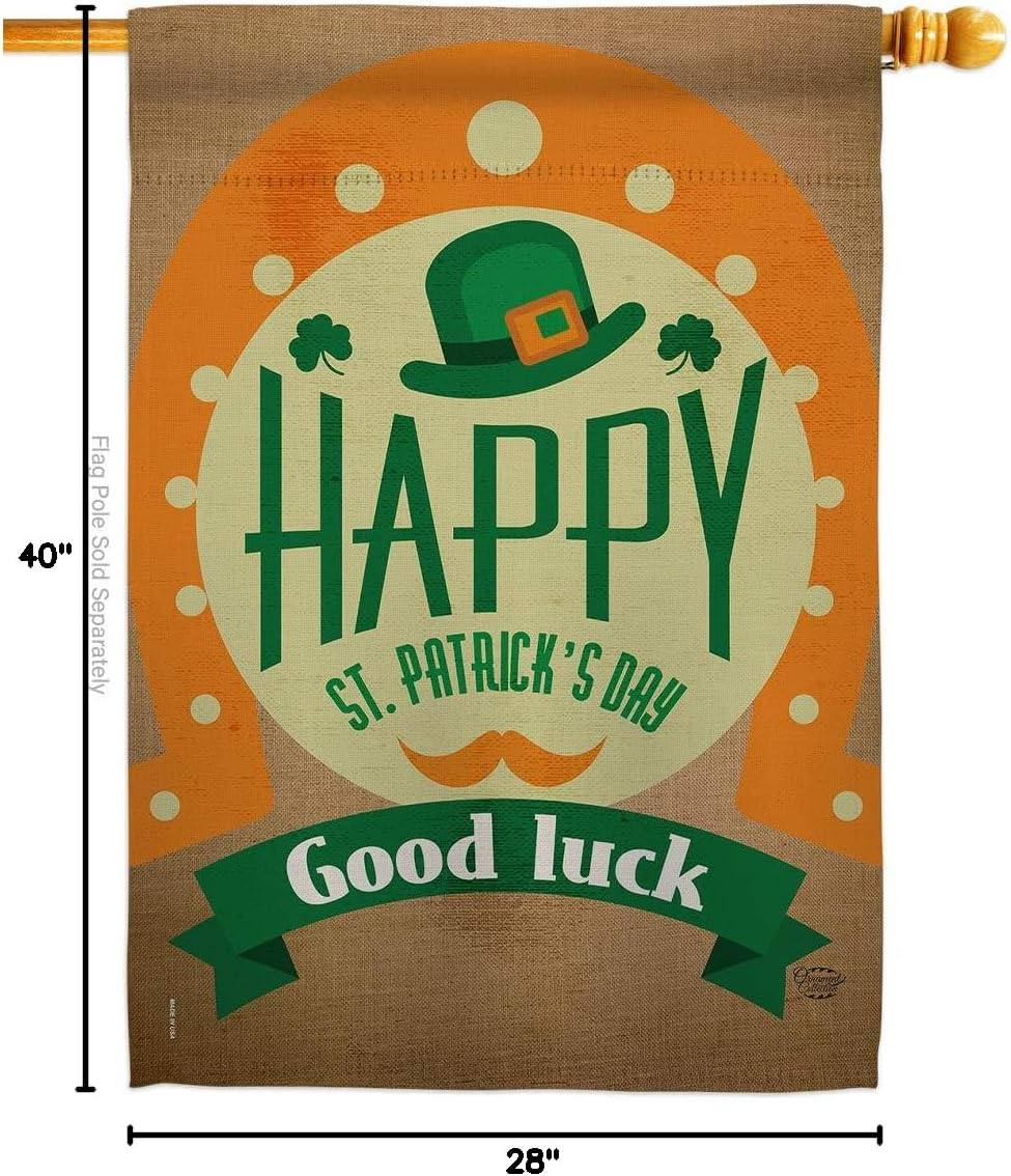 Good Luck St Patricks Day House Flag Springtime Patrick Shamrock Leprechaun Lucky Coin Holiday March Irish Clover Small Decorative Gift Yard Banner Double-Sided Made In USA 28 X 40