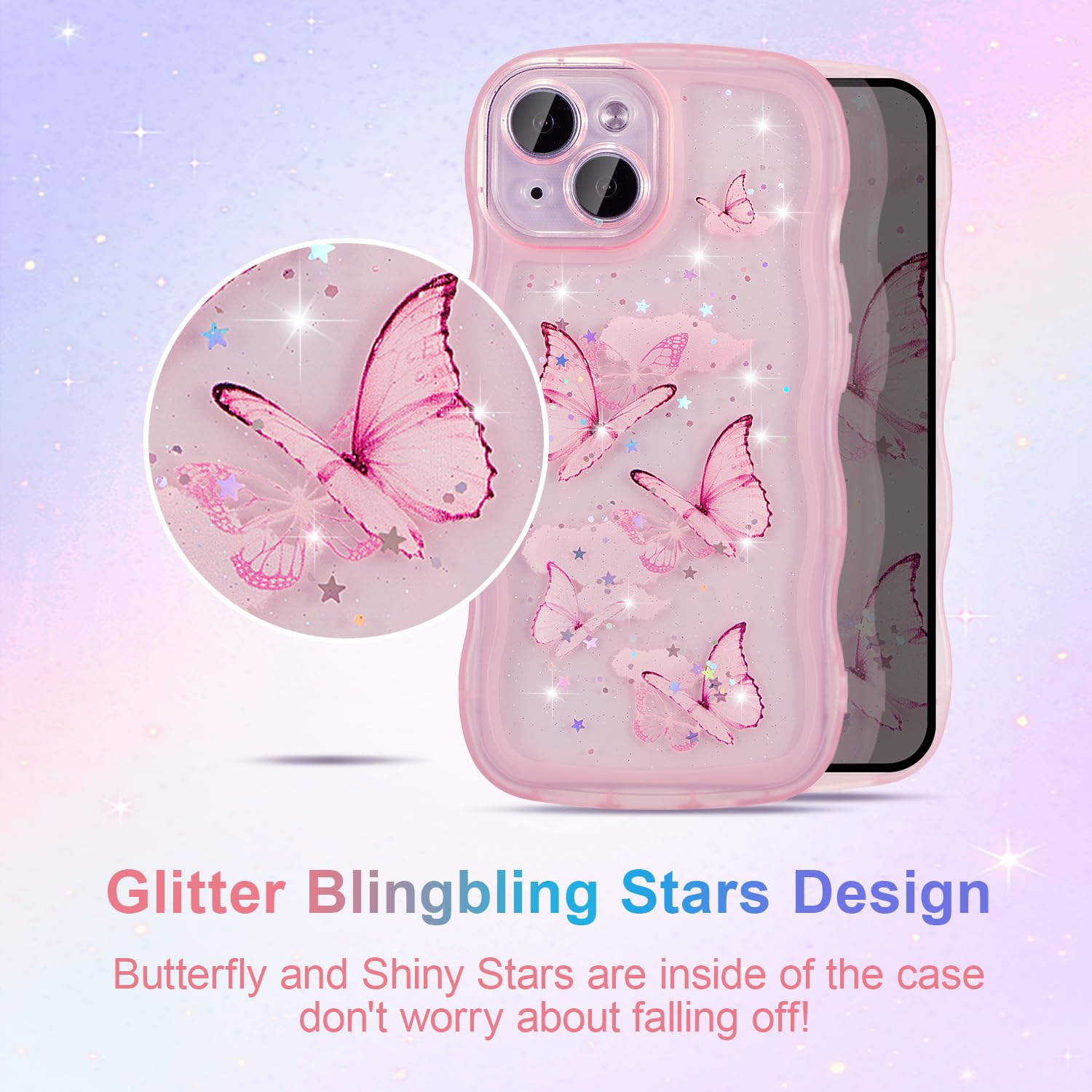 UEEBAI Wave Case for iPhone 13, Cute Bling Butterfly Case for Girl Women Pretty Glitter Sparkle Stars - Image 3