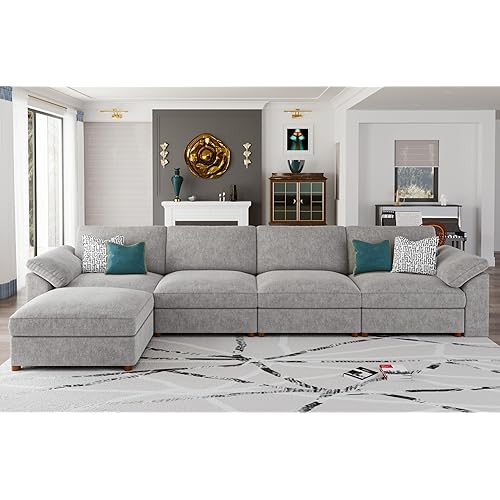 EASE MOOSE Extra Large Modular Sectional Sofa, Modern Oversized L Shape Sectional Couch,Comfty Deep Seat Chenille Modular Sofa with Ottoman, Light Gray