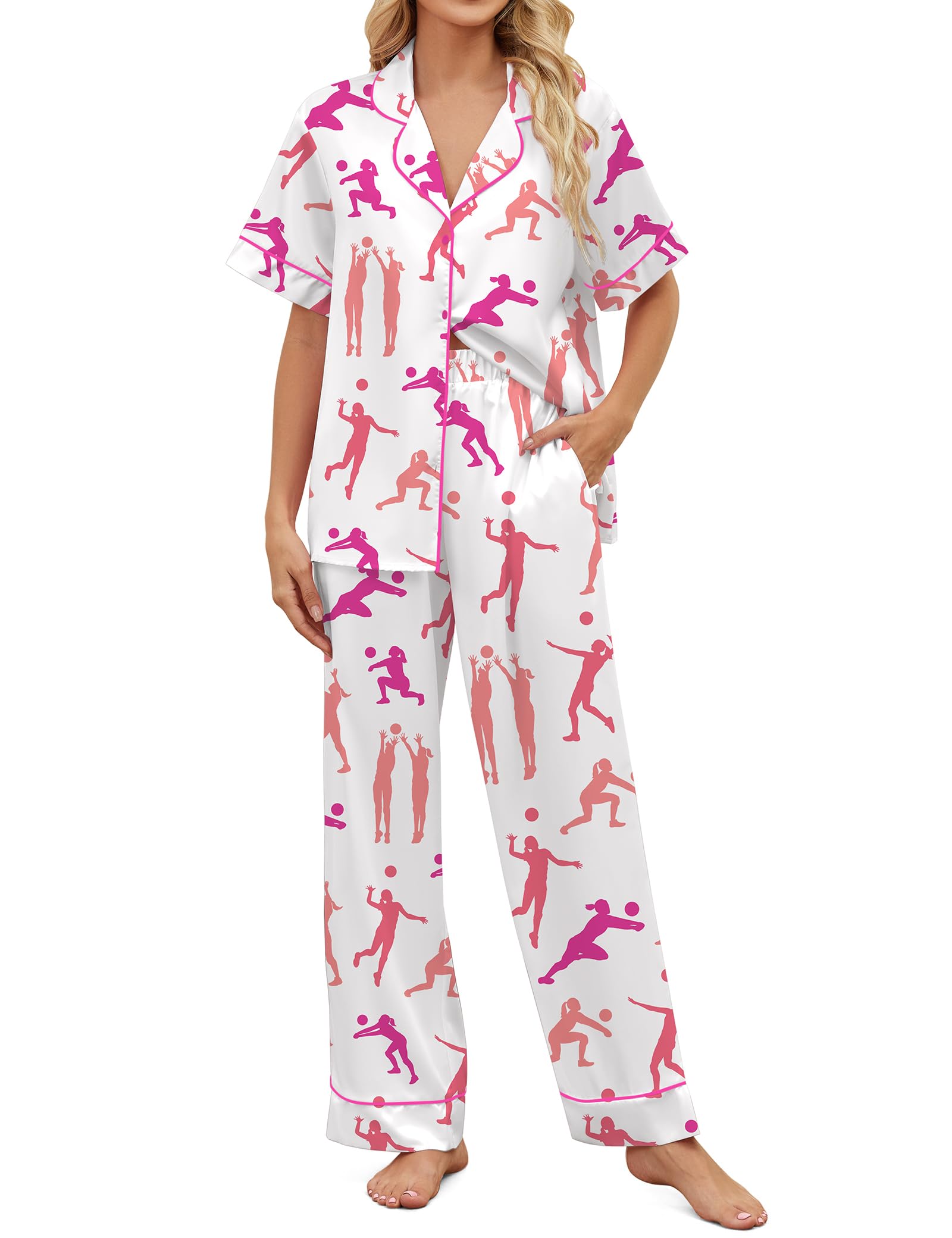 SHESHOW Womens Pajama Sets Short Sleeve Long Pants 2 Piece Satin Pjs Volleyball Print Pajamas for Women Set White Size L
