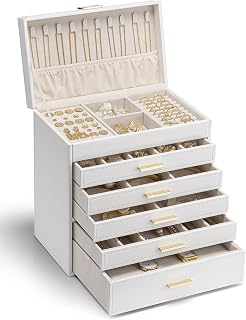 Vlando Large Jewelry Organizer Box for Women Girls,6-Layer Jewelry Organizer for Necklaces Earrings Bracelets Rings watchs,large Capacity Jewelry Storage Case,White