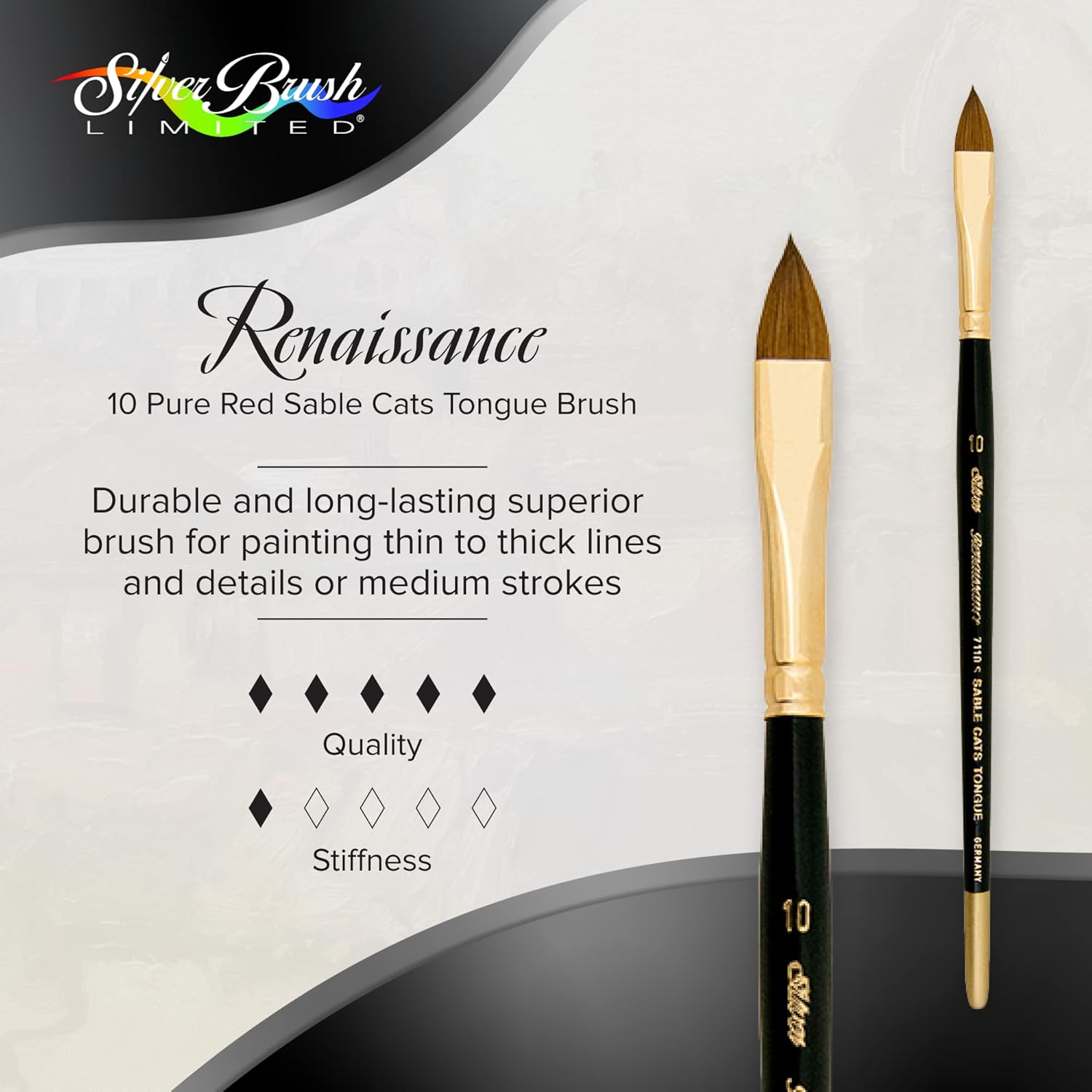 Silver Brush Limited 7110S-10 Renaissance Pure Red Sable Brush for Watercolor and Oil, Cats Tongue, Size 10, Short Handle