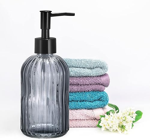 Miniatura 4 de uxcell Dispensador de jabón - Dispensador de jabón de manos de vidrio de 13.5 onzas con bomba negra para cocina y baño, color gris