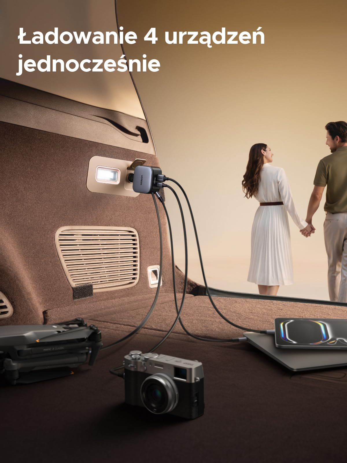 UGREEN Zapalniczka 145W Chowana szybka ładowarka samochodowa 100W Zintegrowany kabel USB-C Akcesoria samochodowe 4 w 1 Adapter szybkiego ładowania do iPhone 17/16/Macbook/iPad/Galaxy S25/GPS itp.