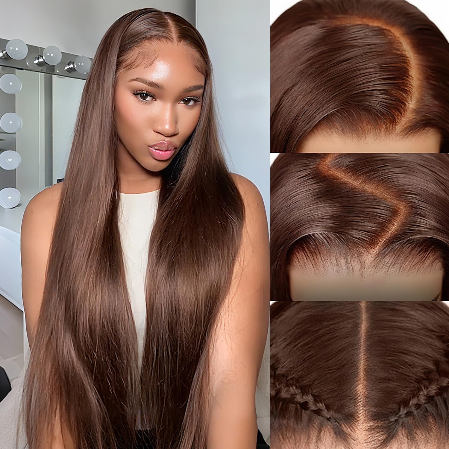 Chocolate Brown(#4) Straight Wig Human Hair, 13x6 HD Lace Front Wigs Human Hair, Glueless & Pre Plucked Human Hair Wig with Baby Hair, 180% Density Ash Blonde Wig (22inch)