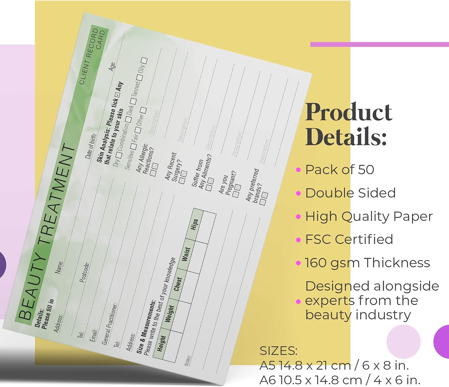 Beauty Client Record Card - Treatment Consultation Form for Mobile Therapists & Salons A6 Pack of 50 - Landscape - Image 5