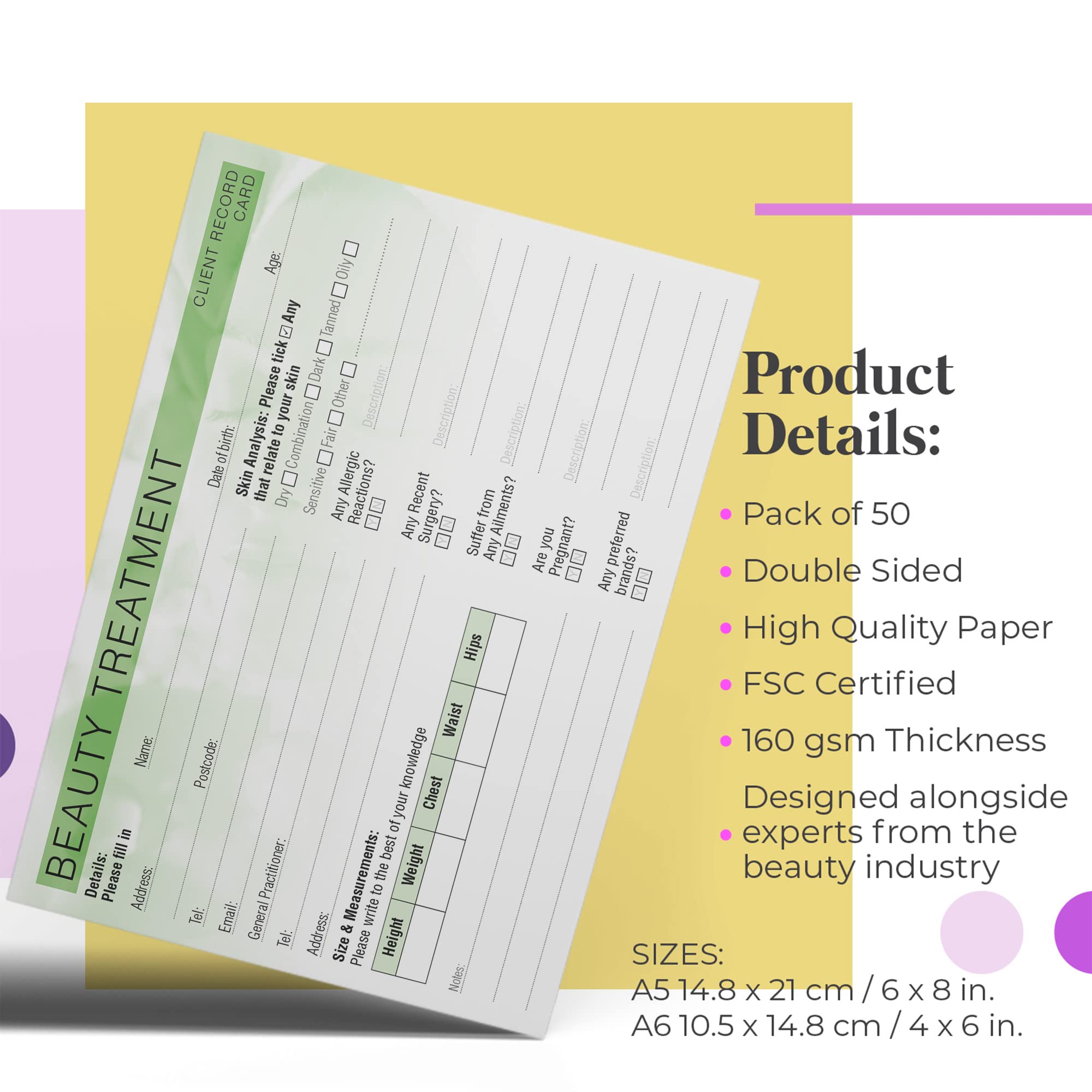 Beauty Client Record Card - Treatment Consultation Form for Mobile Therapists & Salons A5 Pack of 50 - Landscape - Image 4