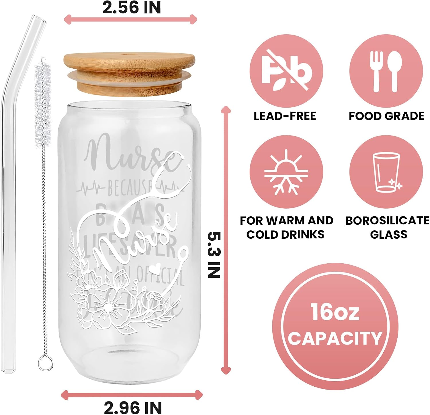 SUCHAGIFT Nurse Gifts - Nurse Gifts for Women - Nurses Appreciation Gift Ideas for Nursing, New Nurses - RN Practitioner Gift Ideas for Women - 16 Oz Can Glass with Lid, Straw & Straw Brush image 4