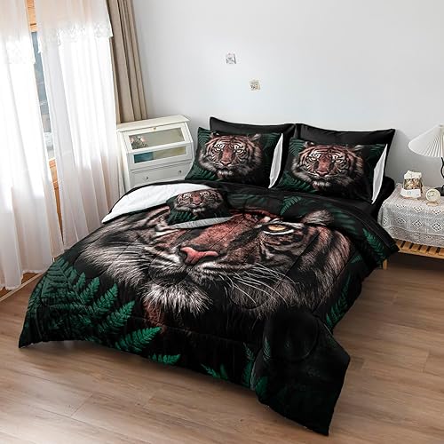 Miniatura 2 de Juego de edredón negro con juego de sábanas, tamaño individual, diseño de hojas de palmera de tigre, decoración del hogar, juego de sábanas de león