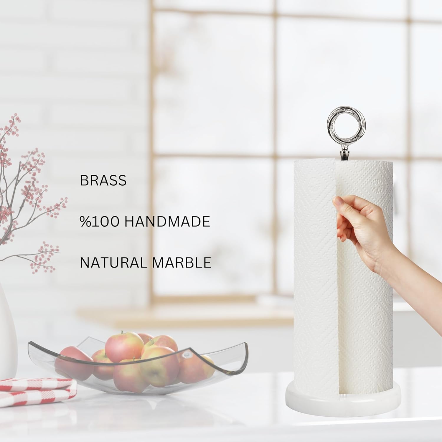 Y Luxe Marble Countertop Paper Towel Holder - Elegant Kitchen/Bathroom Accessory -Standing Paper Towel Holder, Kitchen Paper Towel Roll Holder- for Bathroom Kitchen Countertop (White-Silver)