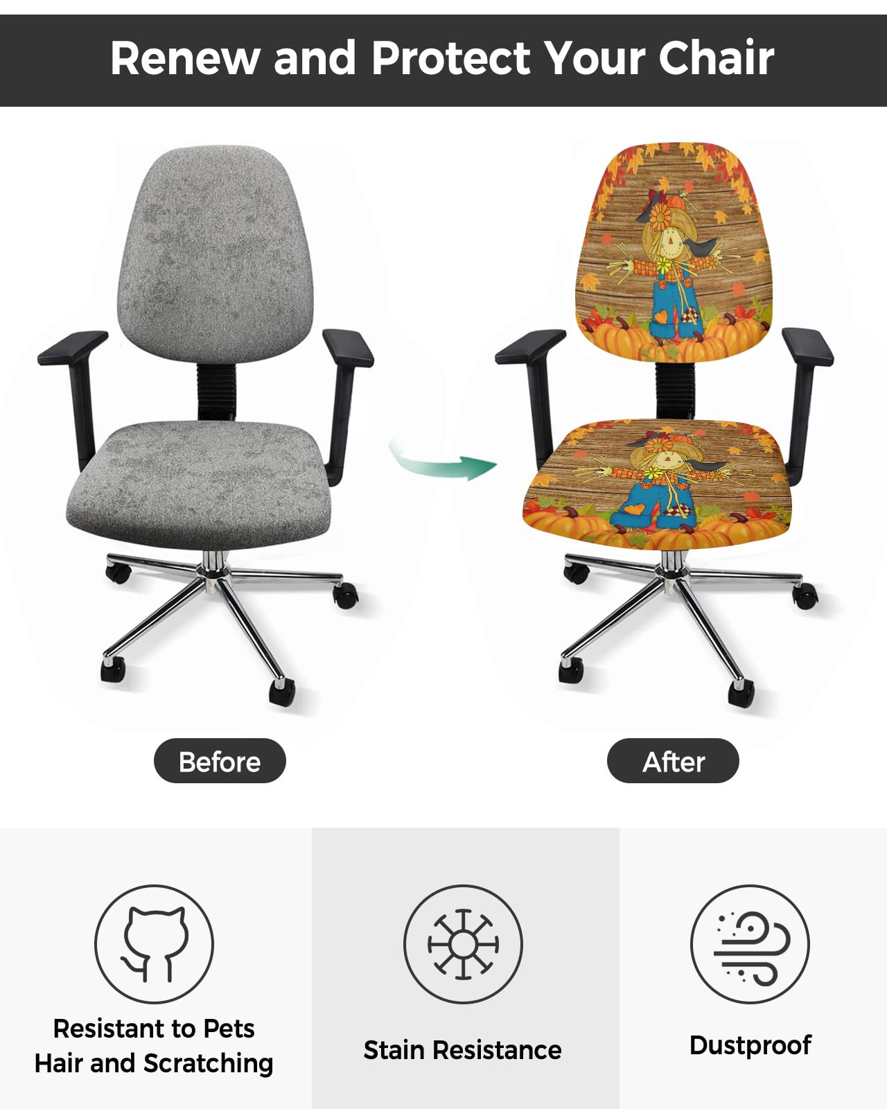 Jolunifun Scarecrow Pumpkins Office Chair Covers Stretchable 2 Piece, Soft Decorative Computer Desk Chair Cover Protector Universal Rotating Chair Slipcover Country Thanksgiving Maple Wood Grain