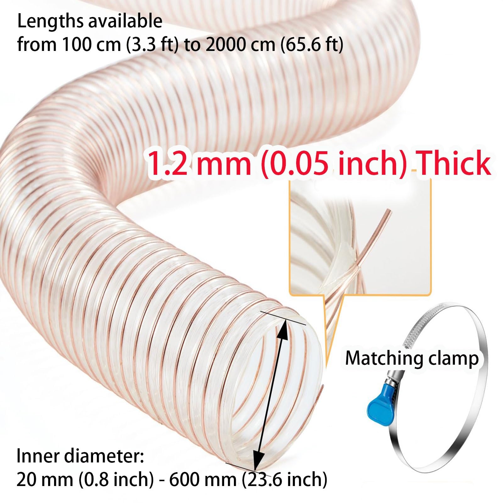 Tubo di raccolta della polvere, 3,3 cm x 180 cm, flessibile resistente alle forature, in poliuretano trasparente con rinforzo in filo di acciaio ramato per collettori di polveri per la lavorazione del