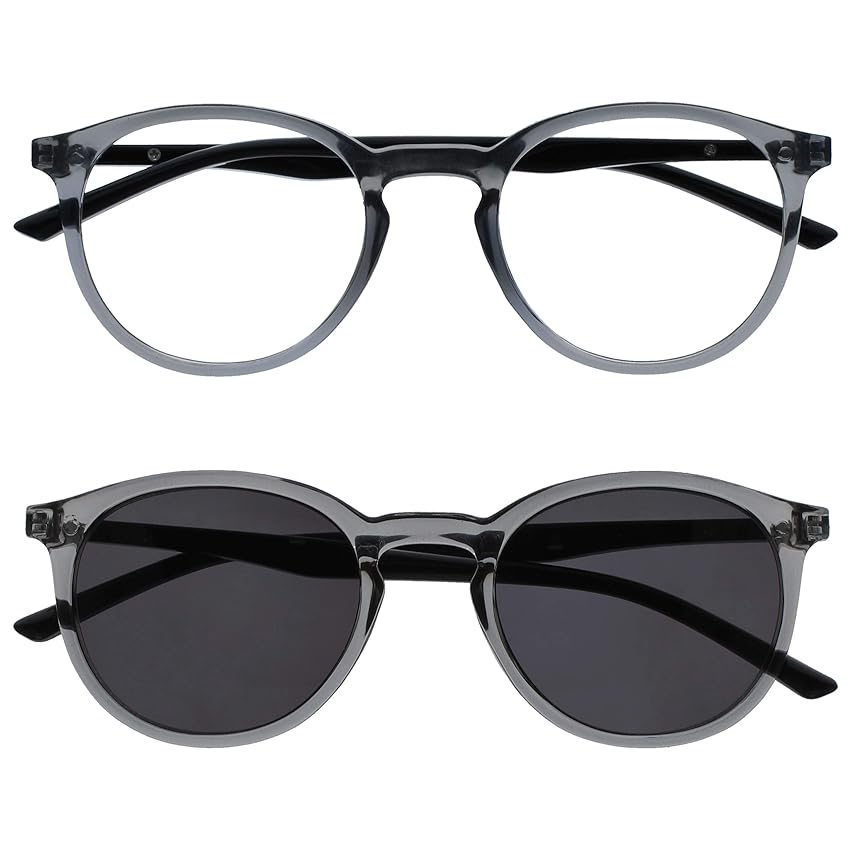 OPULIZE Met Pacco Doppio Occhiali Da Lettura Con Lettore Sole Grande Giro Grigio Nero Uomo Donna Cerniere Molla RS60-7 +2,00