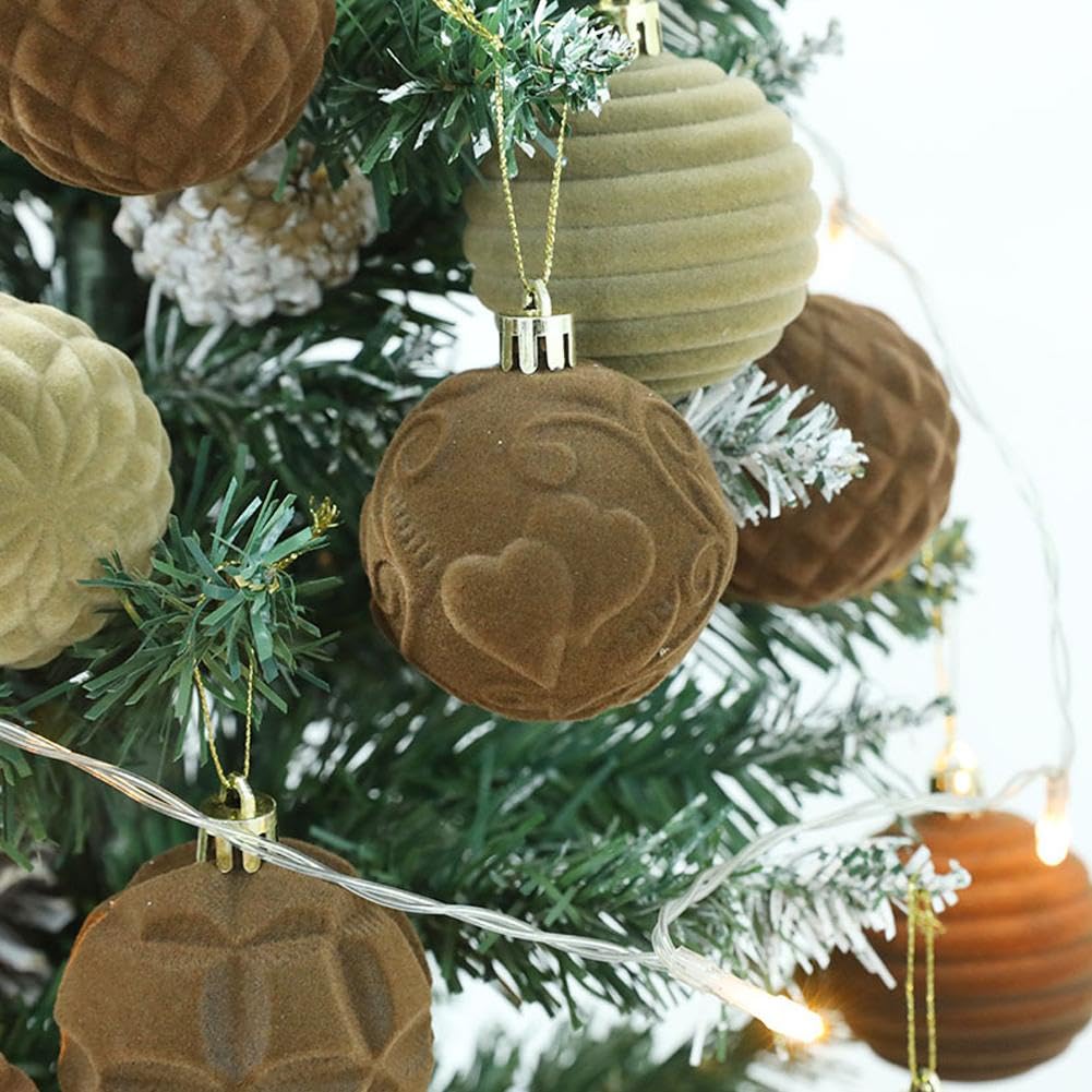 rujjftsy 12 palline di velluto per albero di Natale, rotonde floccate, decorazioni per albero di Natale, decorazioni per albero di Natale, in velluto, infrangibili, da appendere (marrone