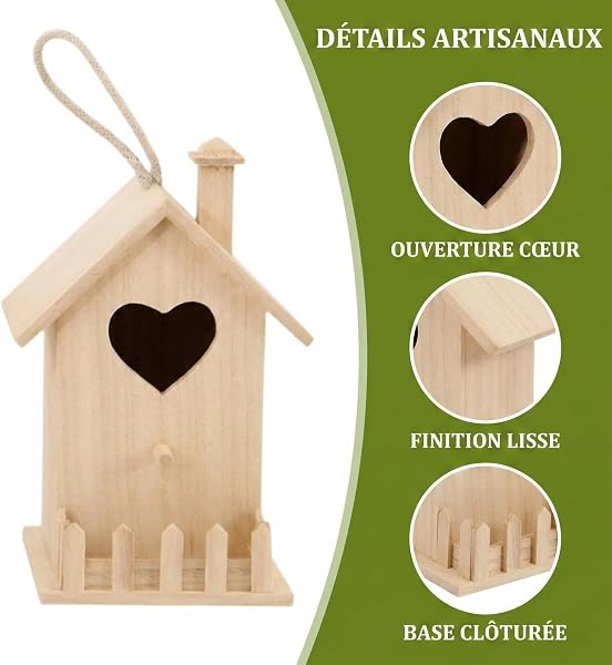 F Fityle Nichoir en Bois Brut Décoratif, Cabanon pour Oiseaux avec Toit en Pente, Décoration de Jardin Naturelle, Nichoir Suspendu pour Balcon, Terrasse ou Arbre, S - 4