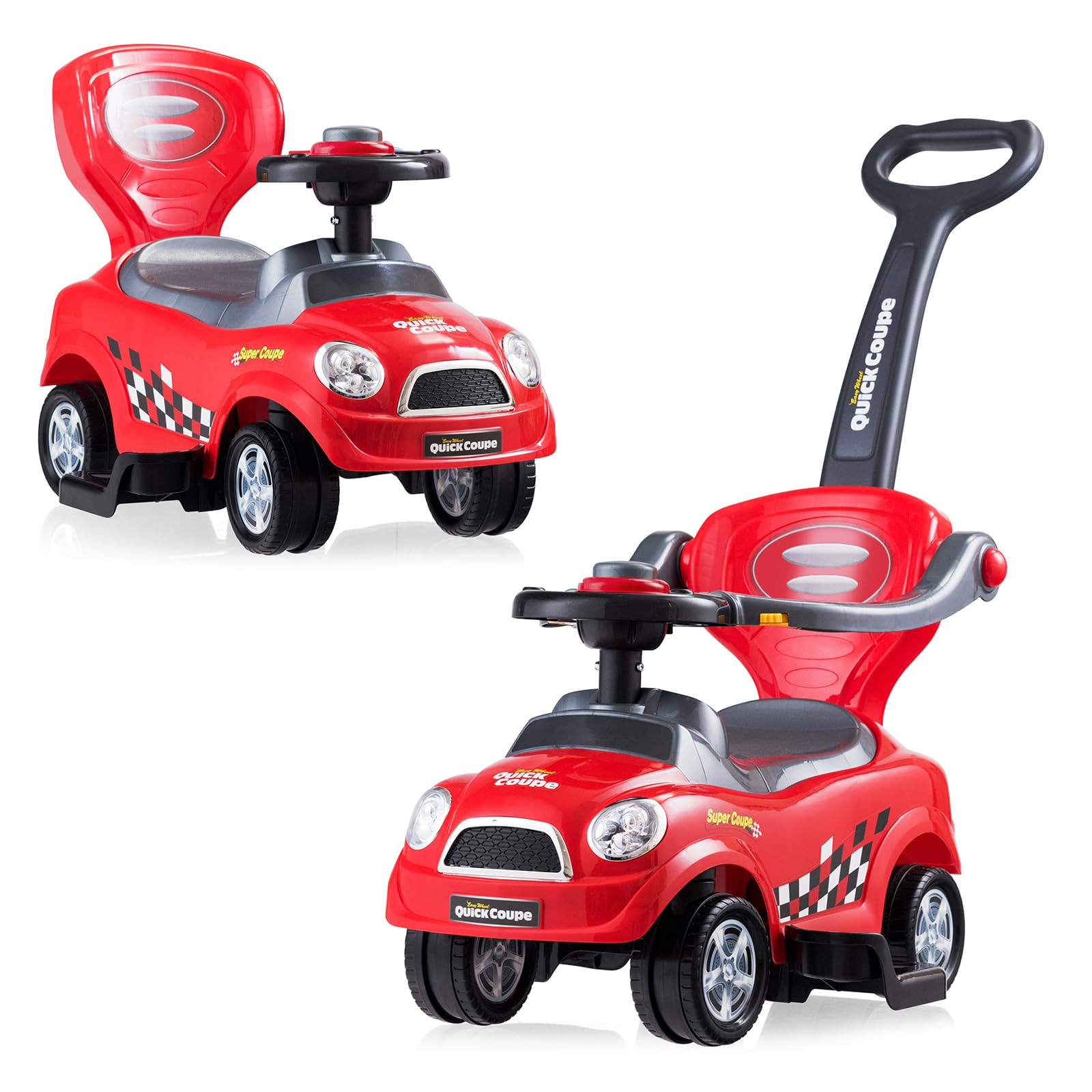 COSTWAY 3 in 1 Kids Push Car, Standing Kids Car with Detachable Handrails and Handle, Horn, Hidden Storage Space and Anti-Roll Design for 2-6 Year Old Kids (Red)