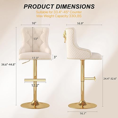 Miniatura 78 de ABET Juego de 2 taburetes de bar, taburetes de altura de mostrador con reposapiés, silla giratoria ajustable de terciopelo para isla de cocina con
