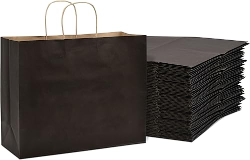 Bolsas de papel negro con asas, 16 x 6 x 12 pulgadas, paquete de 50 bolsas grandes de papel kraft para compras, bolsas de regalo de manualidades a
