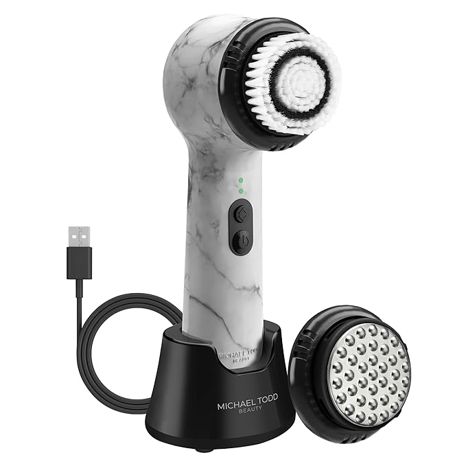 Sonic facial cleansing brush with water droplets
