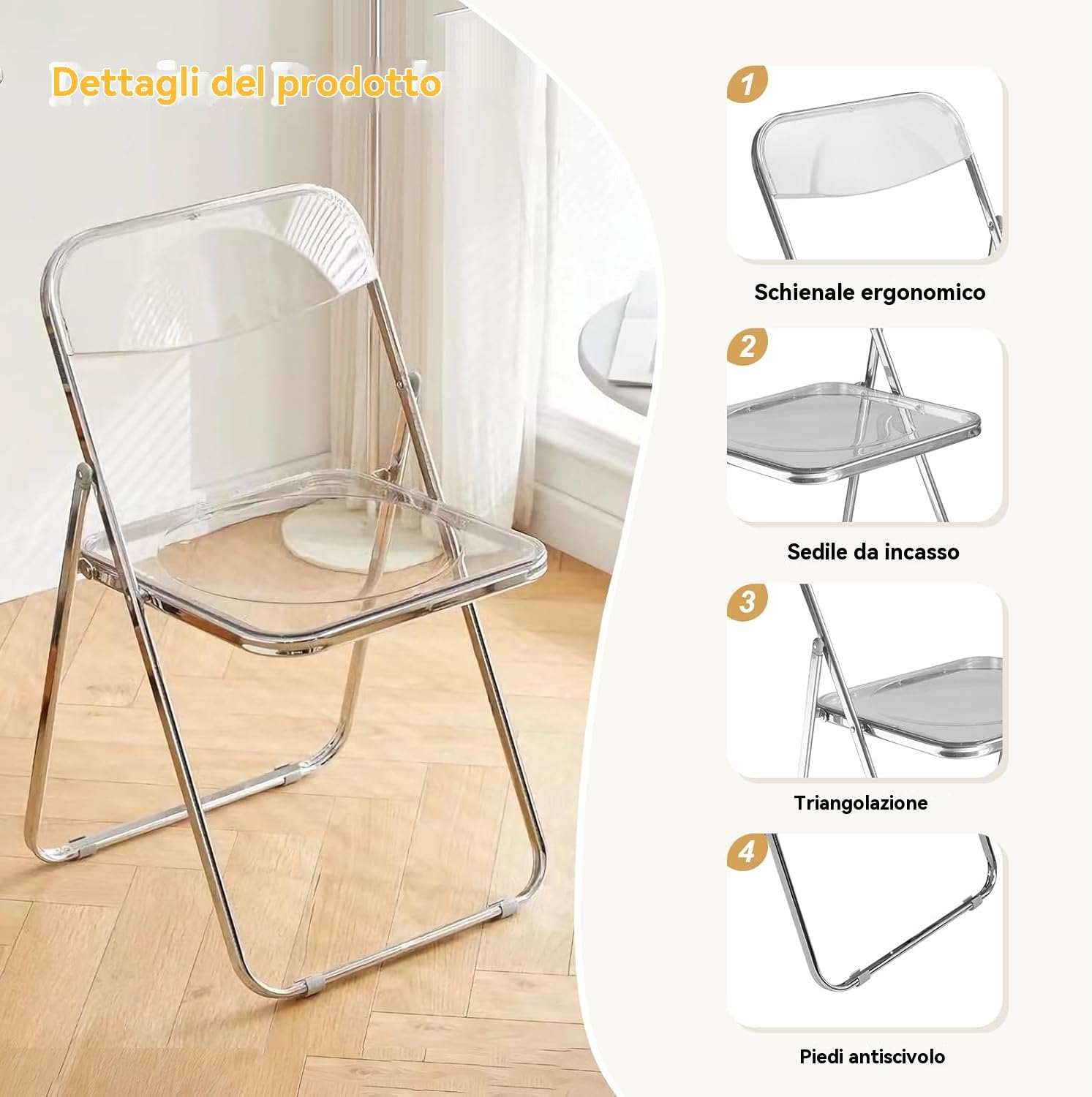 Set di 4 sedie pieghevoli in acrilico, sedie portatili pieghevoli in plastica, facili da usare e riporre