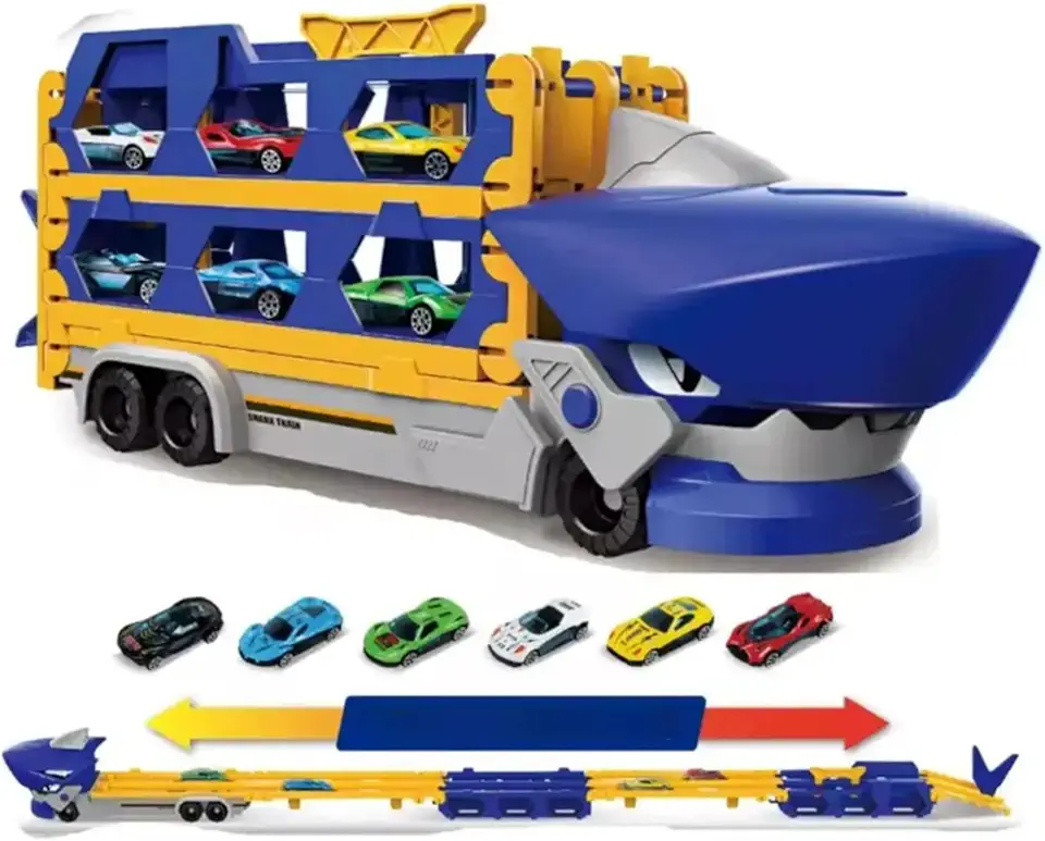 KIDS Caminhão Tubarão Cegonha, Pista de 1,65m com 6 Carrinhos de Metal