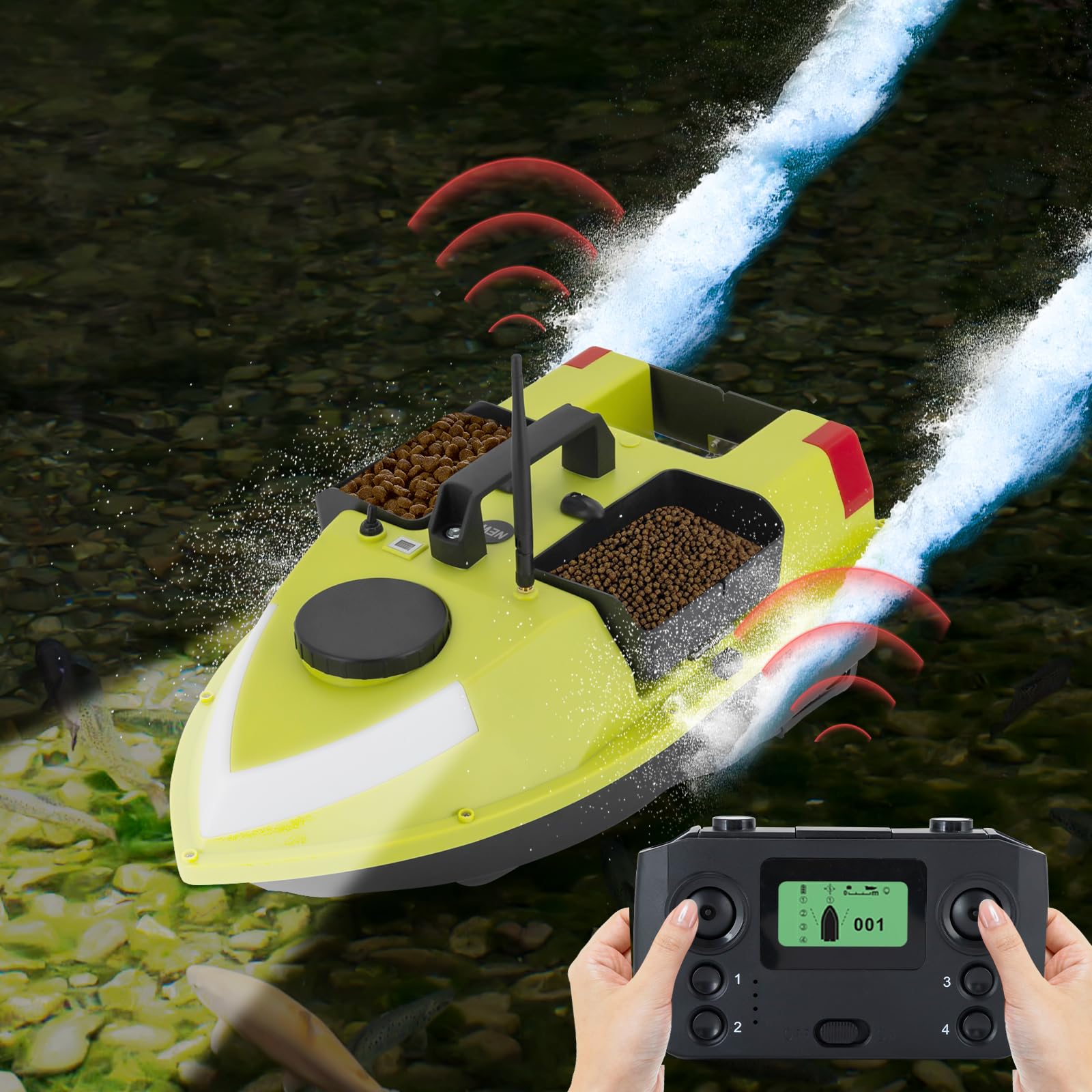 Mando a distancia barco de cebo de pesca, 1,8 m/s, barco de alimentación con GPS y control remoto, 2 baterías, 99 puntos de trolling, corrección automática de codicia, doble motor, 600 m