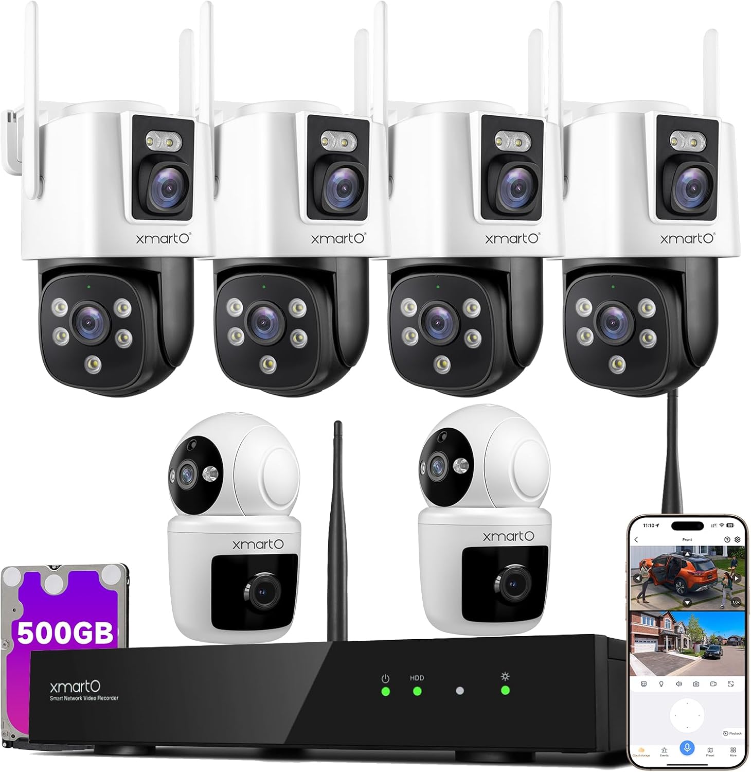 XMARTO 16CH Security Camera System Wireless, 4-Set 2-in-1 Cameras & 2 Pcs PTZ Rotation Home Camera, 4K Long Range WiFi 6 Surveillance NVR, Past 120-day Storage, 0 Monthly Fee, 7/24 Record