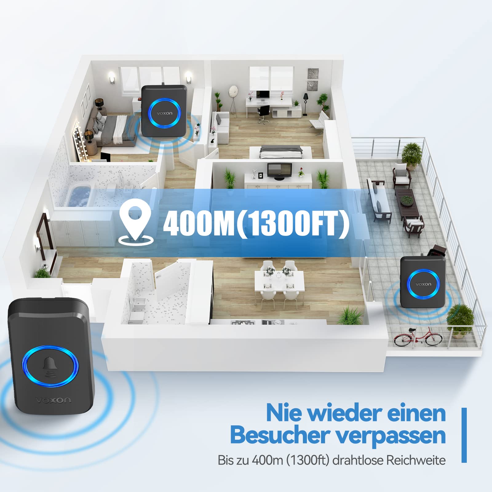 VOXON Campanello Wireless, Portata di 400m, Set di Campanelli Senza Fili con 2 Ricevitori, Impermeabile IP65 per Esterni, Campanello con Luce LED, 5 Livelli di Volume, 60 Melodie