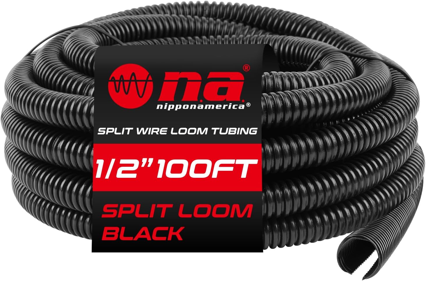 Nippon America 1/2" x 100 ft Split Wire Loom (LM-12-100 BLK), Flexible, Chemical-Resistant Protective tubing for Automotive, Home, and Industrial Wires, Prevents wear and organizes Cables