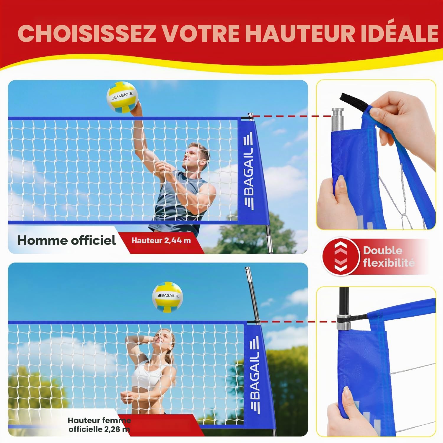 BAGAIL Filet de Volley-Ball, Portable pour Le Jardin | Hauteur Réglable, Cadre Robuste, Conception Autoportante - Set de Volley-ball, avec Sac de Transpor