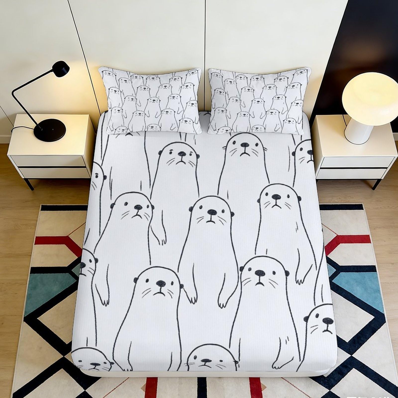 3D Printed Otter Cartoon Fitted Sheet Microfiber Non-slip Mattress Cover Machine Washable for Bedroom Guest Room Decor 200x200x25cm