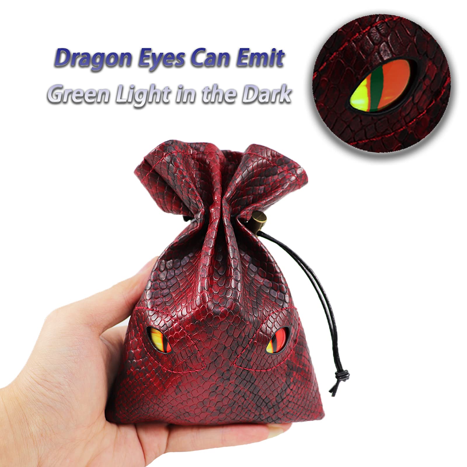 Byhoo Borsa per Dadi Con Occhi Fosforescenti - Contiene 6 Set, Sacchetto per Monete in Pelle di Drago Rosso Fuoco per Giochi da Tavolo DND e RPG