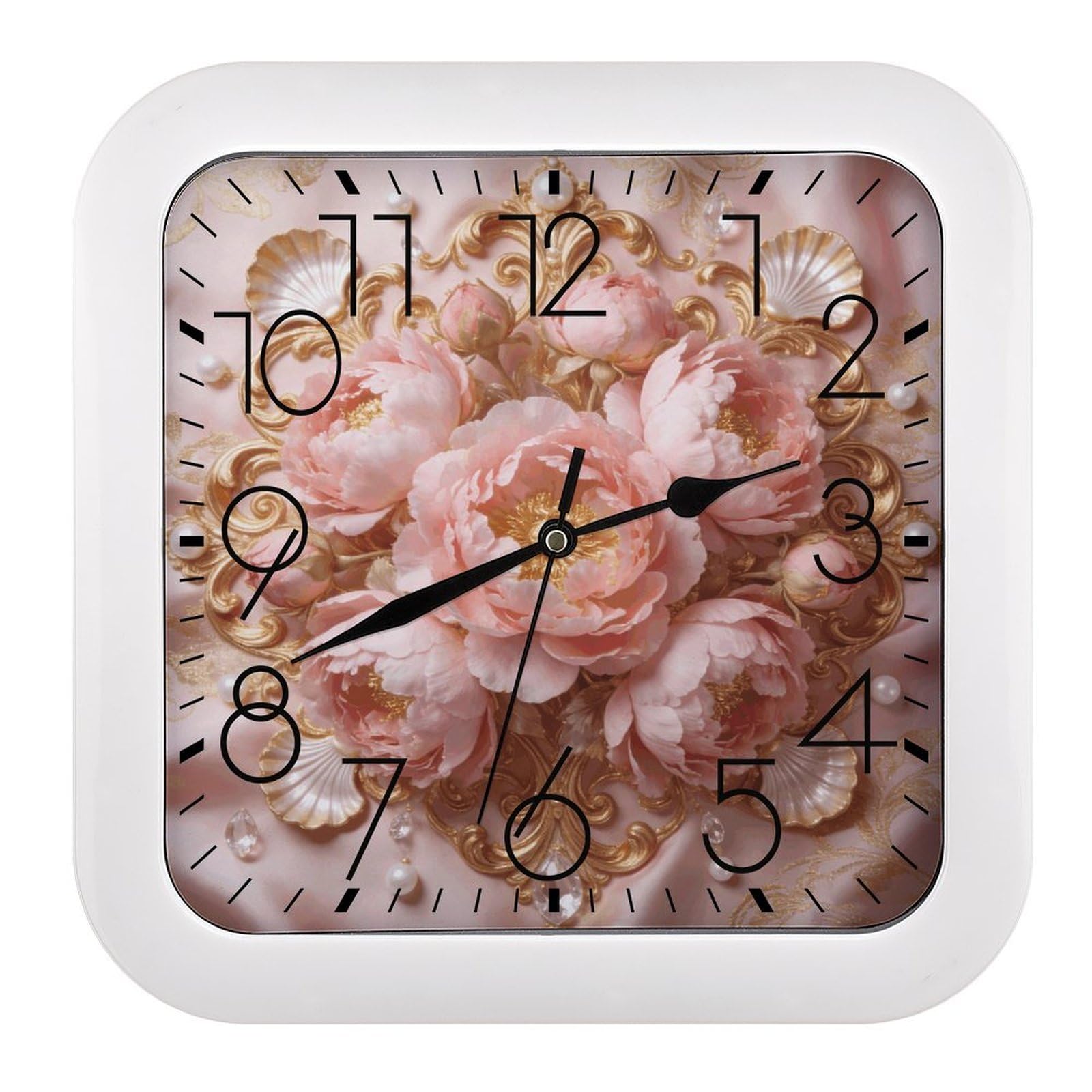 LZQPOEAS Gilded Floral Symphony Square Wall Clock, 10.2 Inch Battery Operated Silent Non-Ticking Wall Clock, Square Analog Decorative Clock for Home Wall Art, Living Room, Bedroom, and Office
