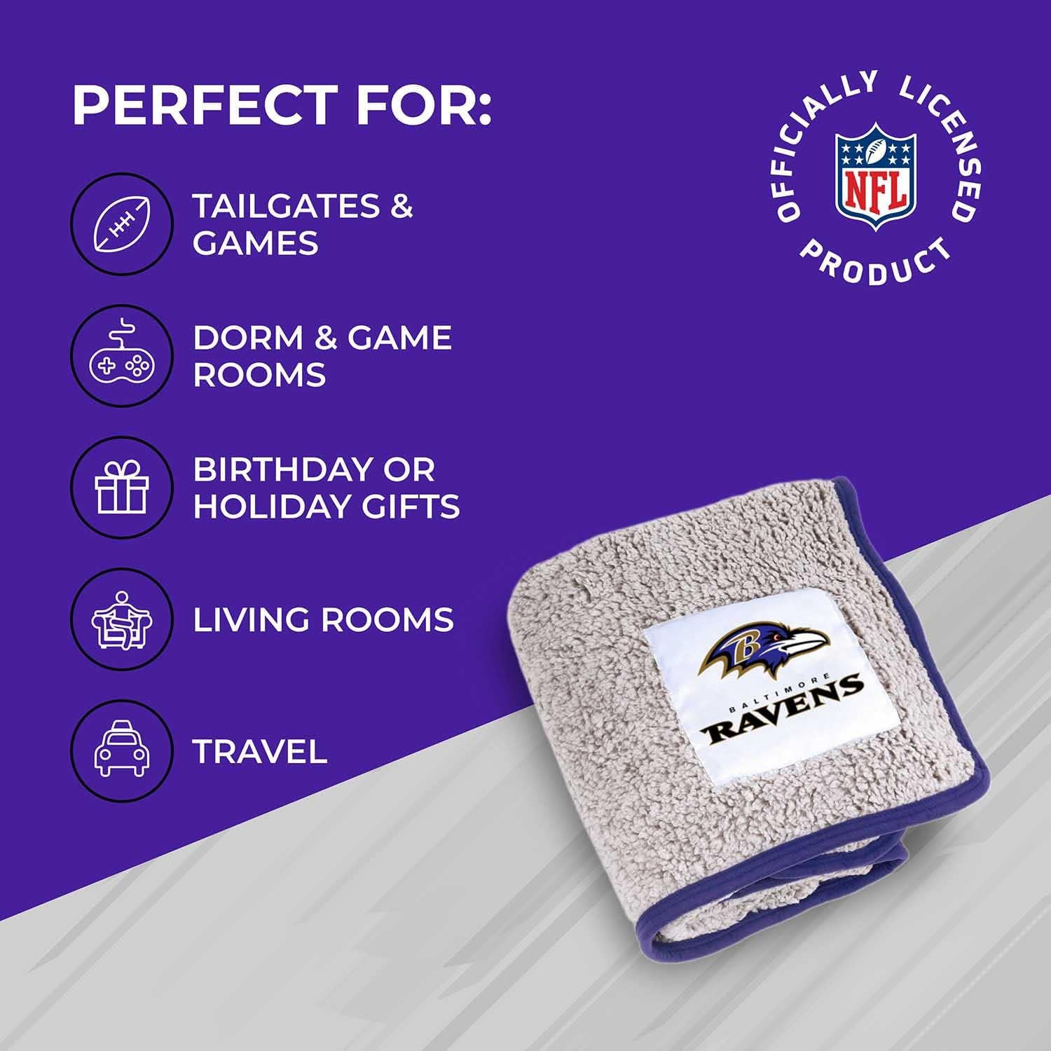Northwest NFL Soft Two Tone Sherpa Throw, 50" x 60" Blanket, Officially Licensed Throw for Bedding, Sofa, or Gameday, Frosty Fleece Cover (Baltimore Ravens - Purple,) : Sports & Outdoors