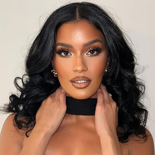 Miniatura 1 de WIGER Pelucas cortas onduladas para mujer, peluca de cabello ondulado negro de 16 pulgadas, raya al medio, longitud del hombro, pelucas cortas