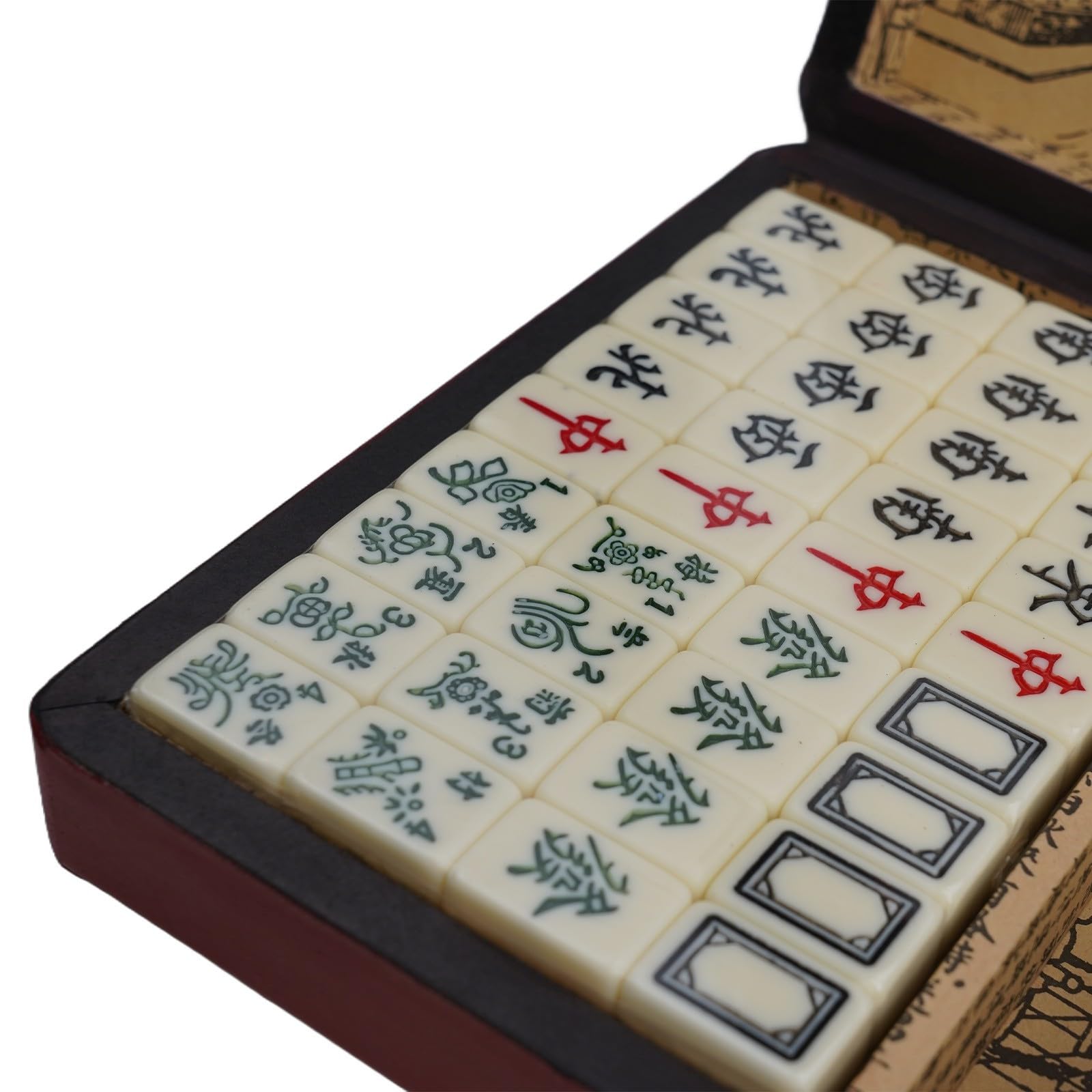 Ensemble de mahjong compact dans un bel étui en bois avec 2 dés, parfait pour les joueurs en voyage (sans poignée)