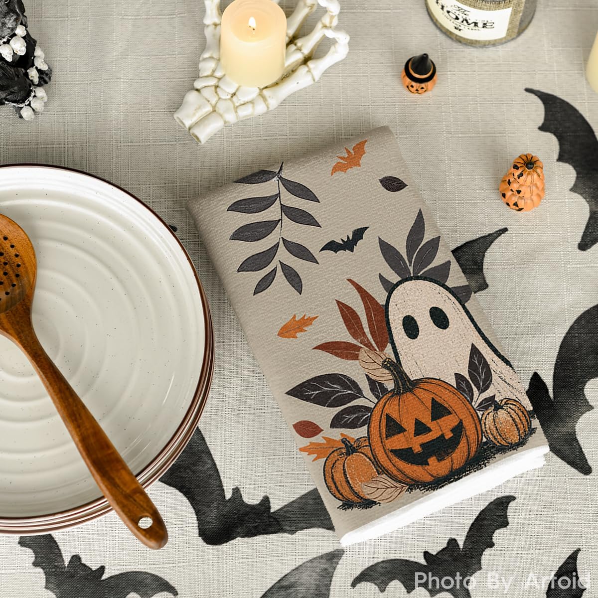 Artoid Mode Leaves Ghost Halloween Kitchen Towels Set of 2 18x26 Inch