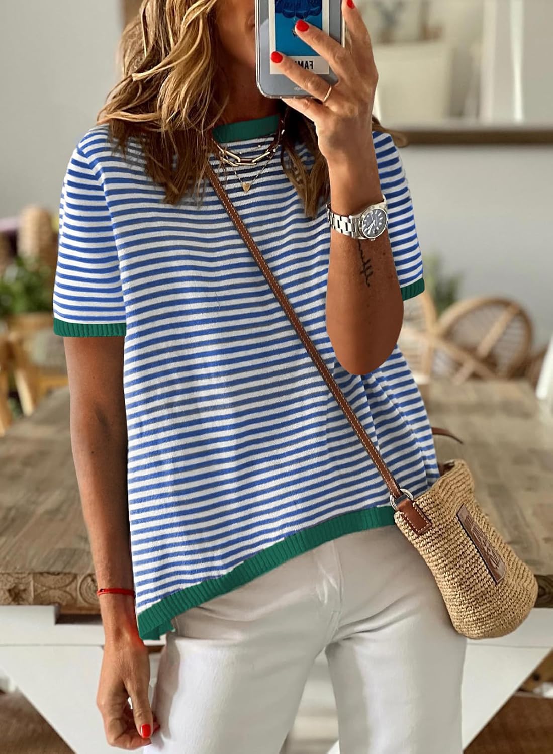 Womens Summer Fall Short Sleeve Sweaters Striped Lightweight Cotton Sweater Crew Neck Color Block Pullover Tops - Image 2