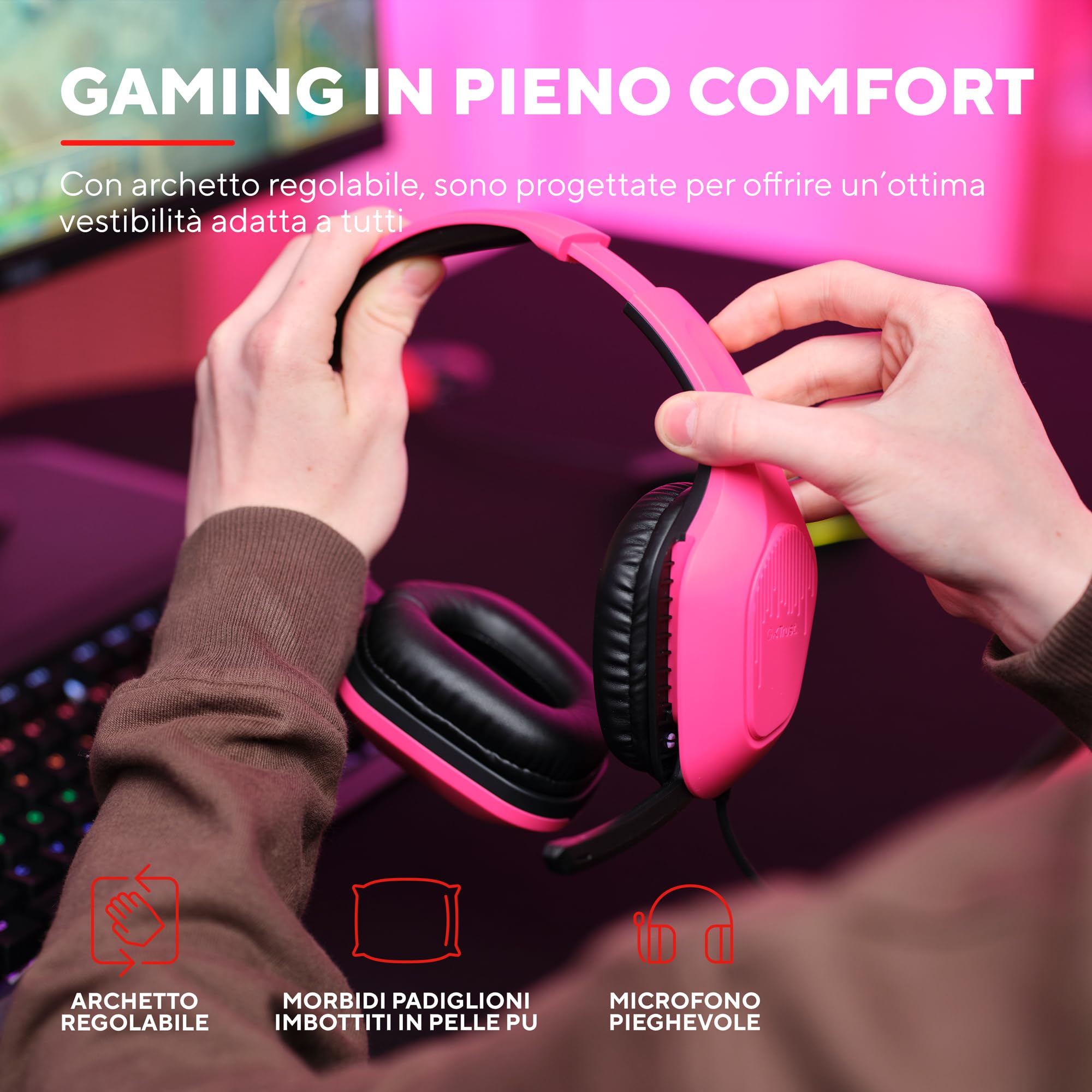 Trust Gaming GXT 415P Zirox Cuffie Gaming Leggere con Driver da 50 mm per PC, Xbox, PS4, PS5, Switch, Mobile, Jack Audio 3.5 mm, Cavo 2m, Cuffie con Microfono Over-Ear - Rosa