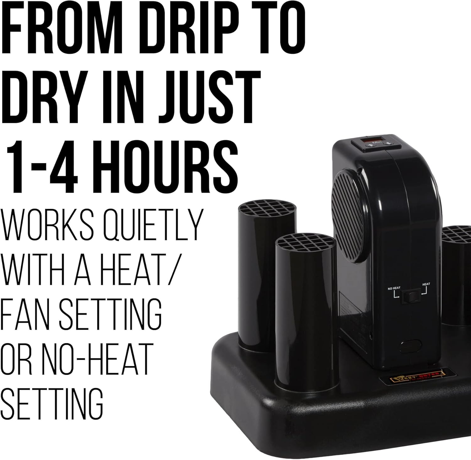 PEET Advanで靴を乾かすtag「水滴が落ちてから乾燥するまでわずか1~4時間」というテキストが書かれたe Plus乾燥機