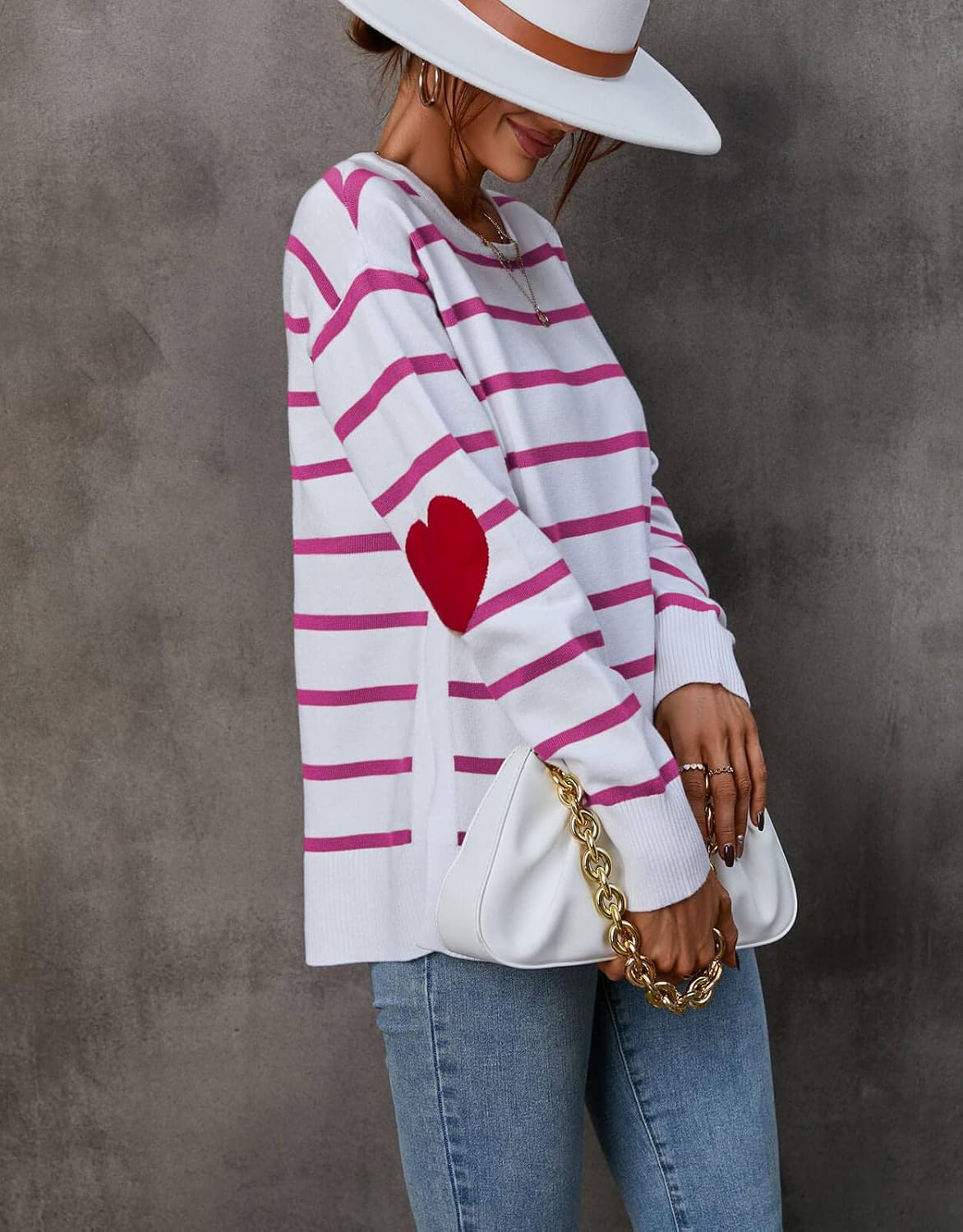 shermie Womens Stripes Sweaters Long Sleeve Crewneck Elbow Patch Cute Heart Pullover Sweater - Image 3