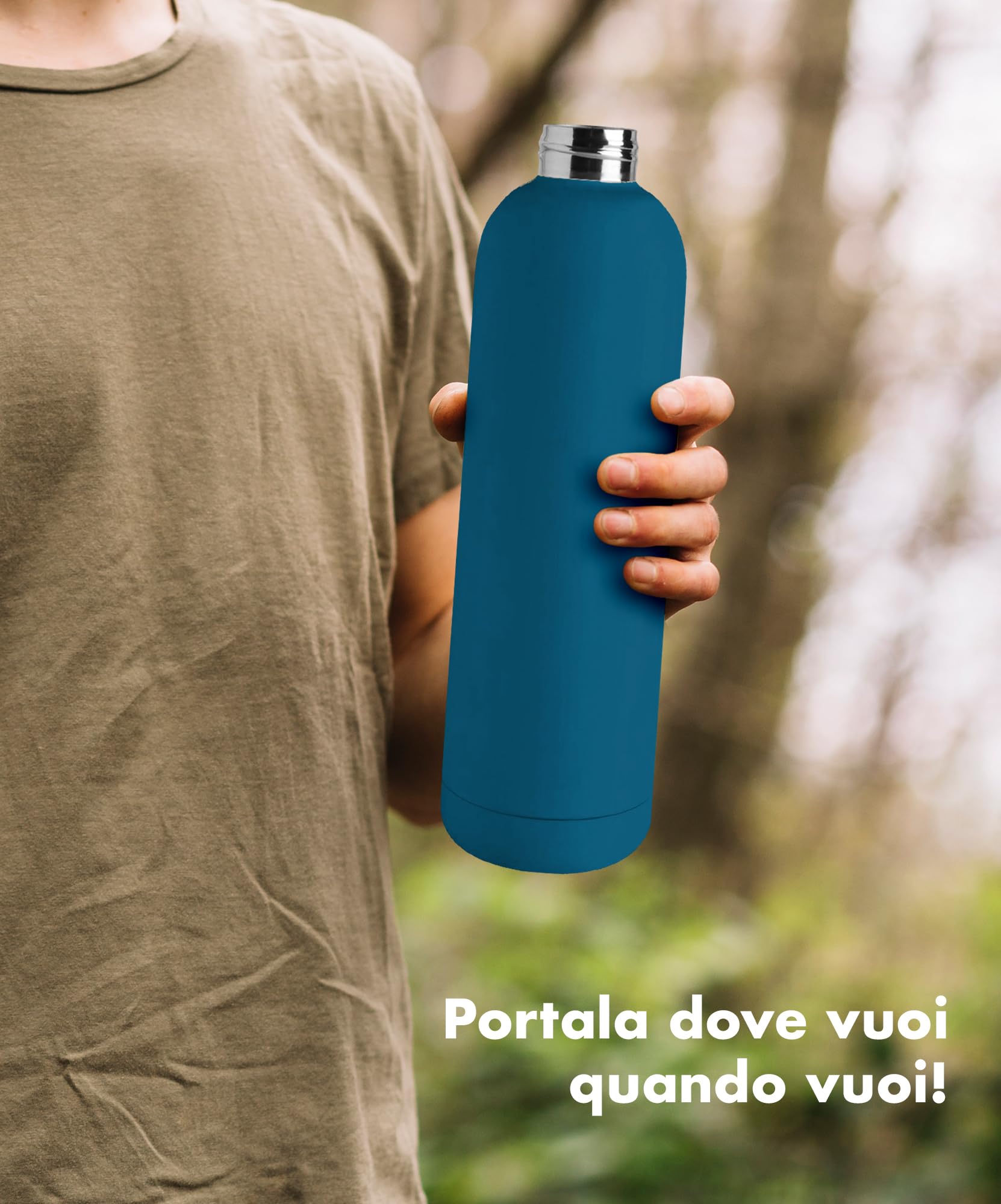 Borraccia Termica Grande 1 Litro Bottiglia Acciaio Inox Inossidabile Doppio Strato 1000 Ml Tappo Antigoccia Doppia Camera Bevande Calde Fredde Termos Sistema Sottovuoto Rivestimento Soft Touch - Blu