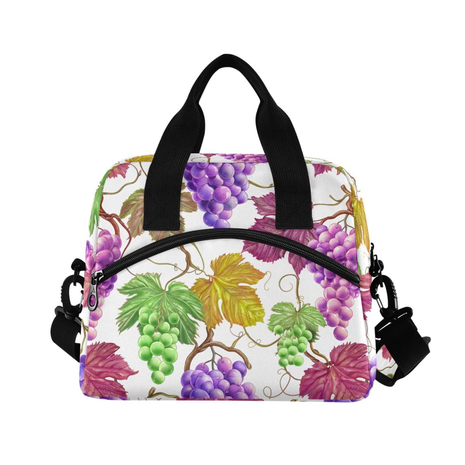 Insulated Lunch Bag Reusable Cooler Grape Leaves White Lunch Box Adjustable Shoulder Strap for Picnic Office School