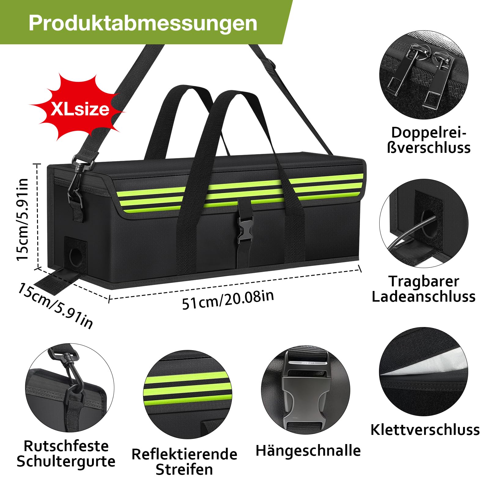 Ebike Akku Tasche, Feuerfest Wasserdicht Explosionsgeschützt, Lipo Safe Bag, Geeignet zum Laden, Transportieren und Aufbewahren, 51*15*15cm, Reflektierendes Streifendesign (2)