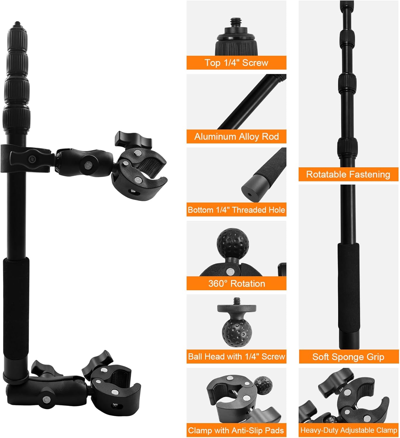 Motorcycle Camera Mount Kit Compatible with Insta 360 DJI Osmo & GoPro Cameras, Adjustable Handlebar Clamp Mounts with 59" Invisible Selfie Stick for Motorcycle & Bike Riding