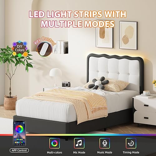 Miniatura 3 de Base de cama individual, cama de plataforma tapizada con cabecera de nube, marco de cama moderno con diseño suave anticolisión, no requiere somier,